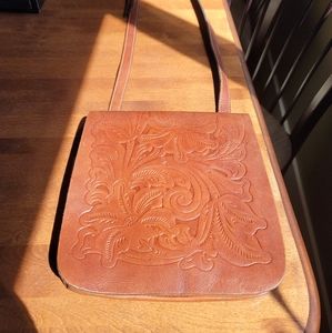 Vintage inspired tooled leather shoulder bag